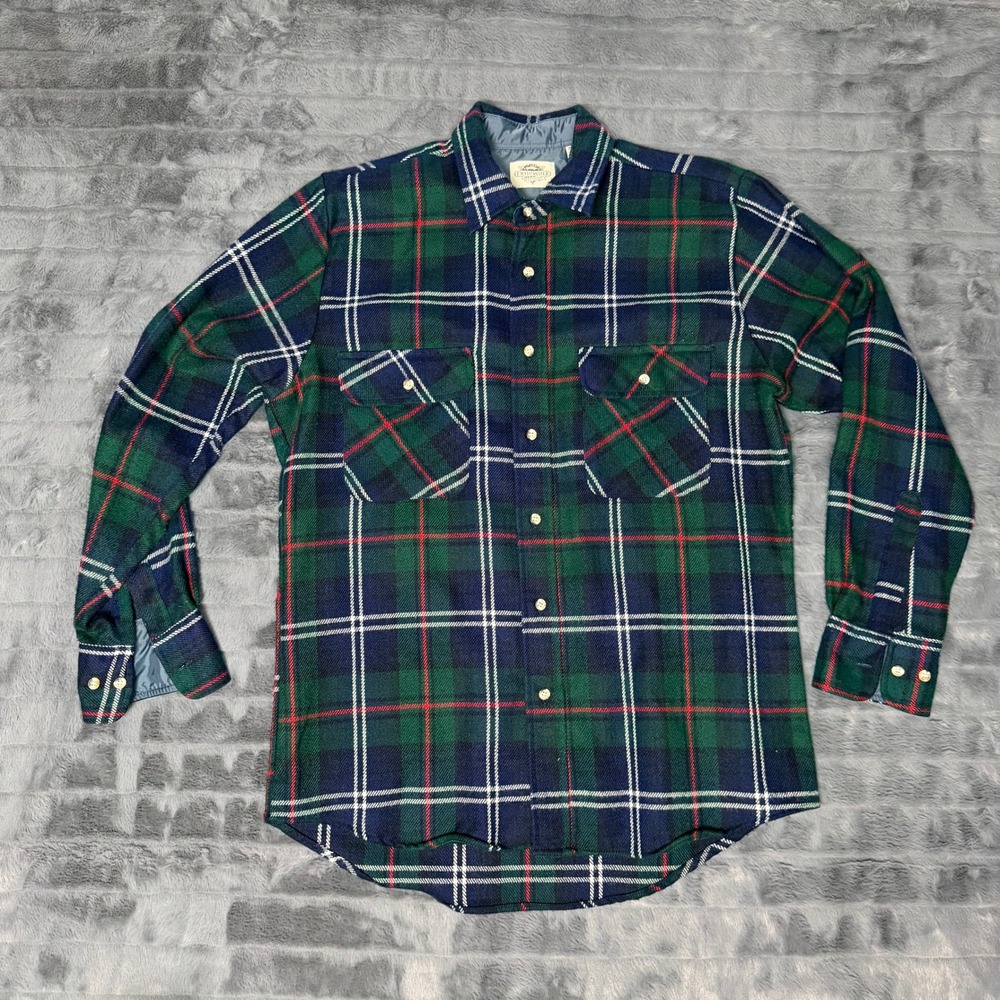 Fieldmaster Plaid Button Down Mens Medium Green Wool Blend Flannel Work Shirt